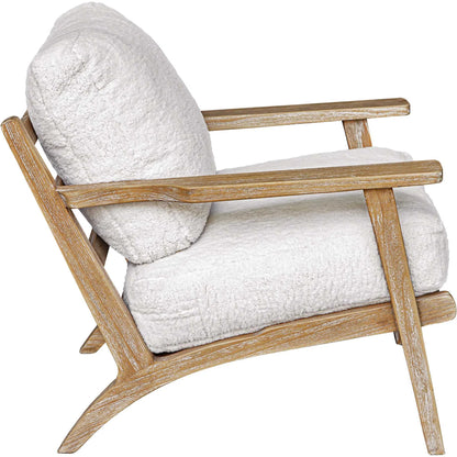 Laid Back Sheepskin Accent Chair by Uttermost in white. Made from mindi wood, fabric bopep in a transitional style.