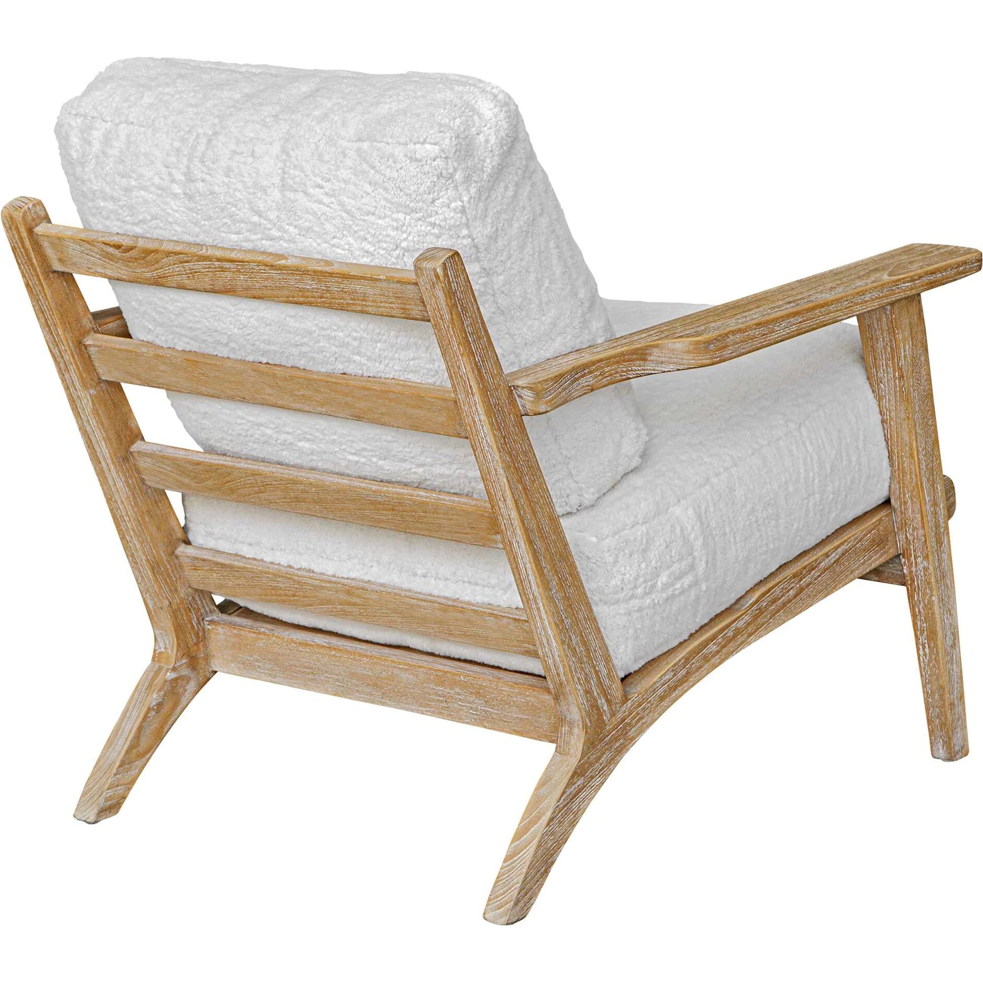 Laid Back Sheepskin Accent Chair by Uttermost in white. Made from mindi wood, fabric bopep in a transitional style.