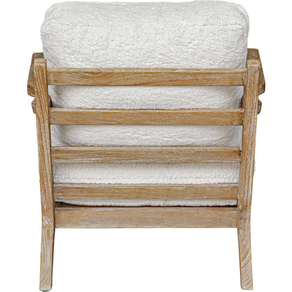 Laid Back Sheepskin Accent Chair by Uttermost in white. Made from mindi wood, fabric bopep in a transitional style.