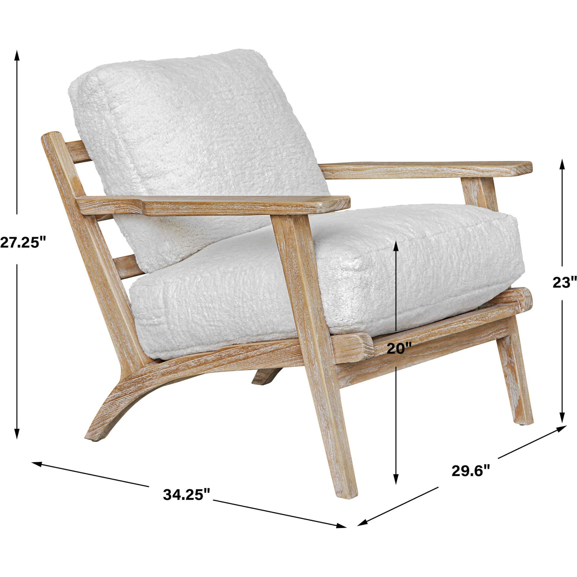 Laid Back Sheepskin Accent Chair by Uttermost in white. Made from mindi wood, fabric bopep in a transitional style.