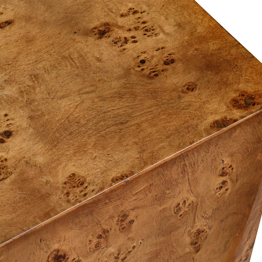 Hughes Geometric Accent Table by Uttermost in caramel. Made from mdf veneer poplar burl, java wood in a unique style.
