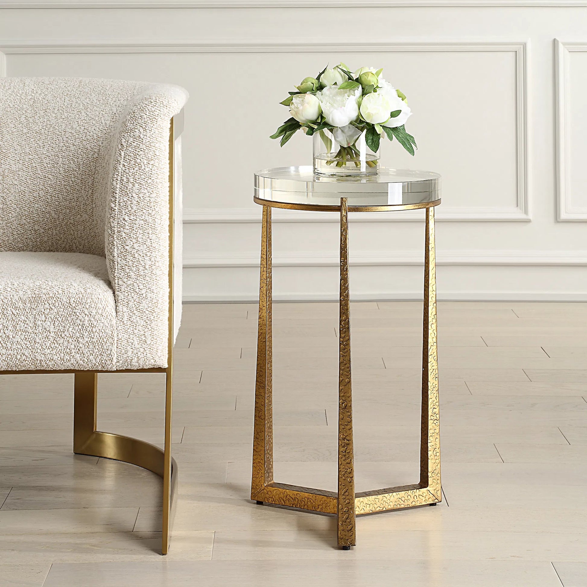 Midas Antique Accent Table by Uttermost in gold. Made from iron, crystal in a unique style.