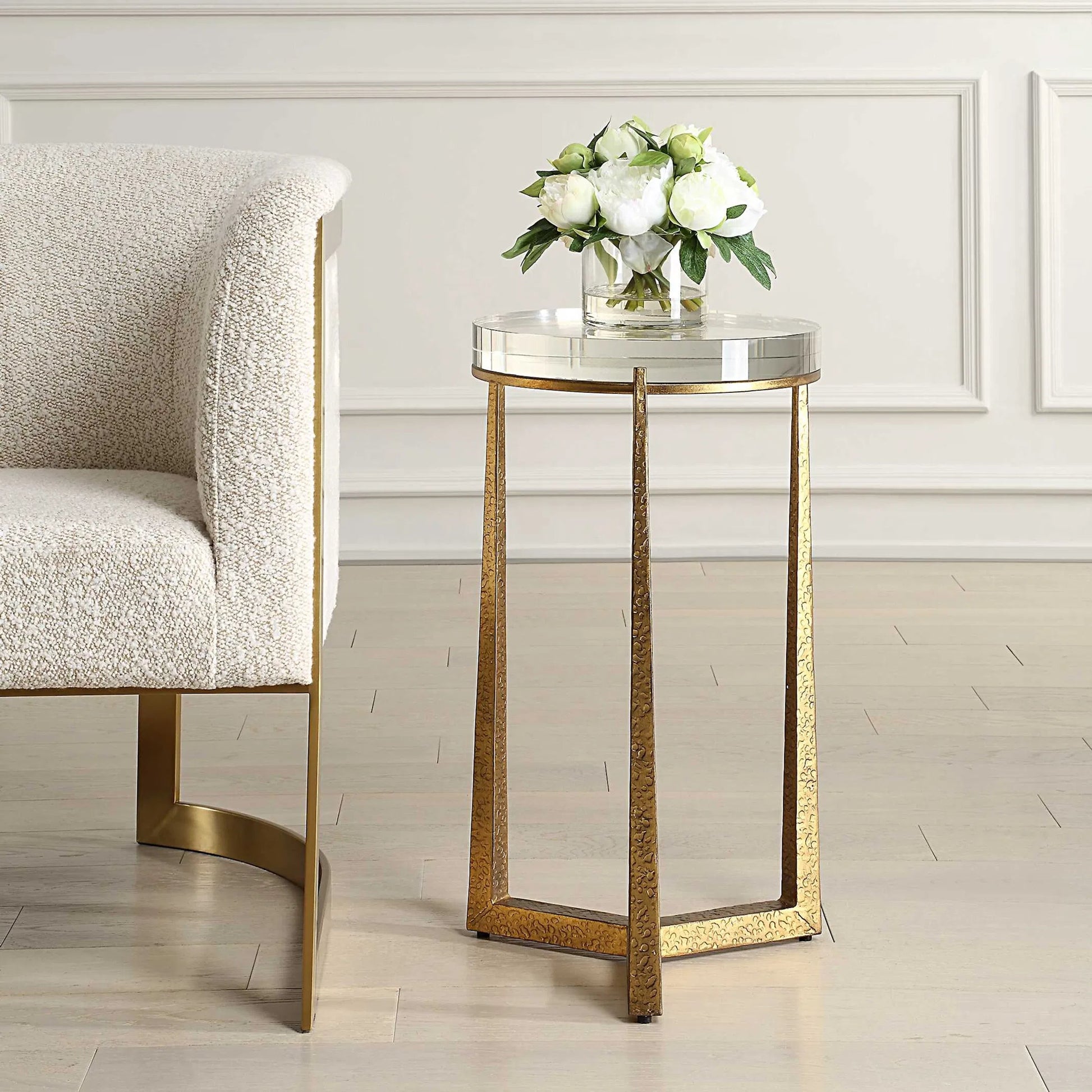 Midas Accent Table by Uttermost in gold. Made from iron, crystal in a unique style.