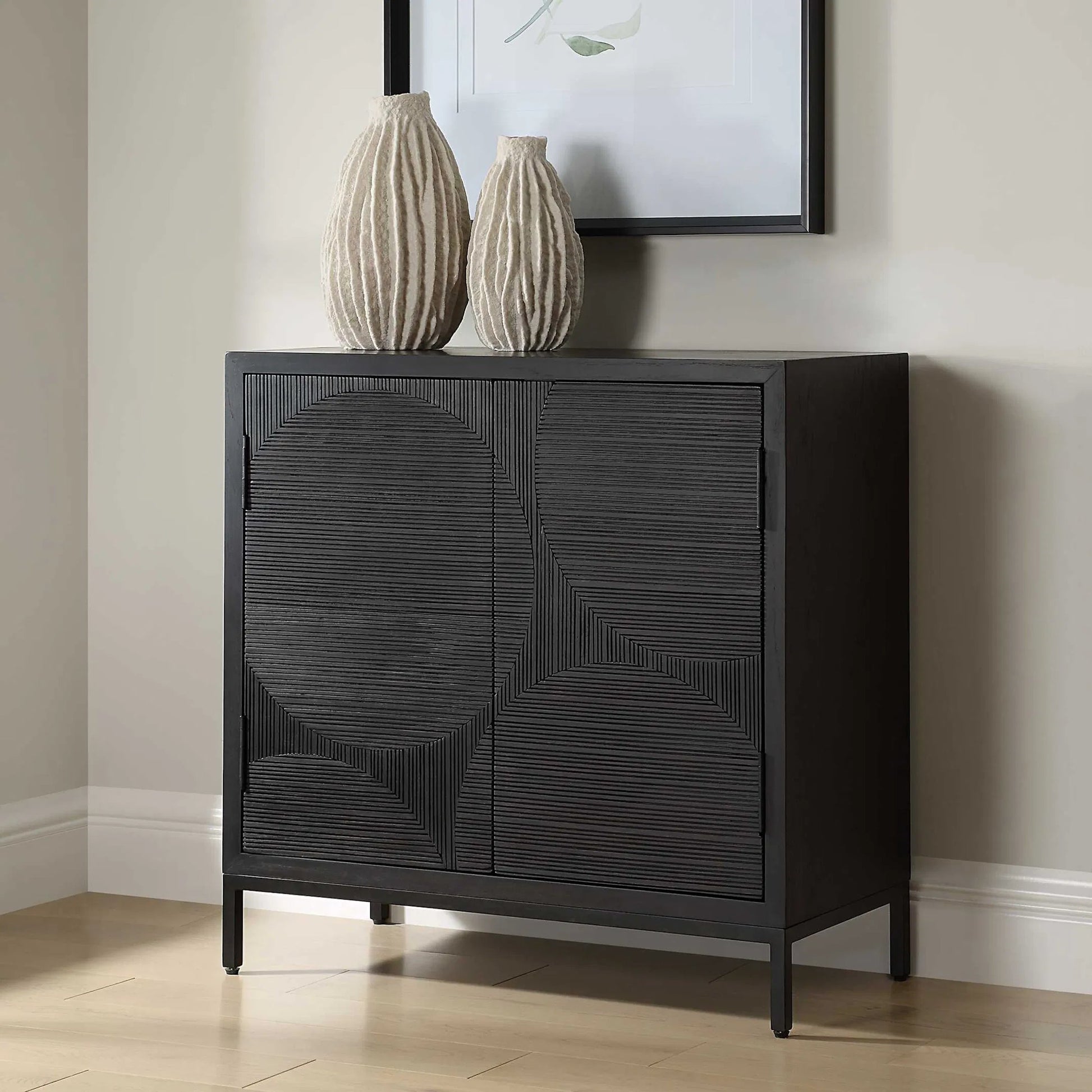 Beswick 2-Door Cabinet by Uttermost in black. Made from iron, mdf, fraxinus mandshurica, red oak bark, fir in a unique style.