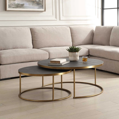Aragon Nesting Coffee Tables by Uttermost in brass. Made from pu leather, mdf, metal in a unique style.