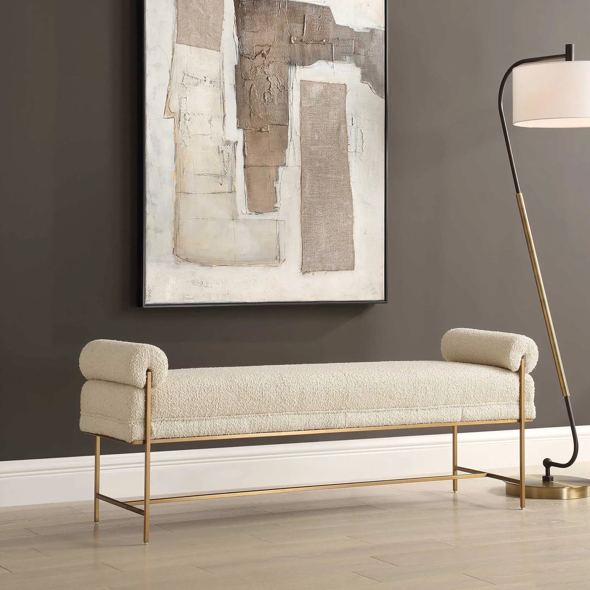 Bolster Pearl Bench by Uttermost in brass. Made from stainless steel, plywood, fabric, foam in a unique style.