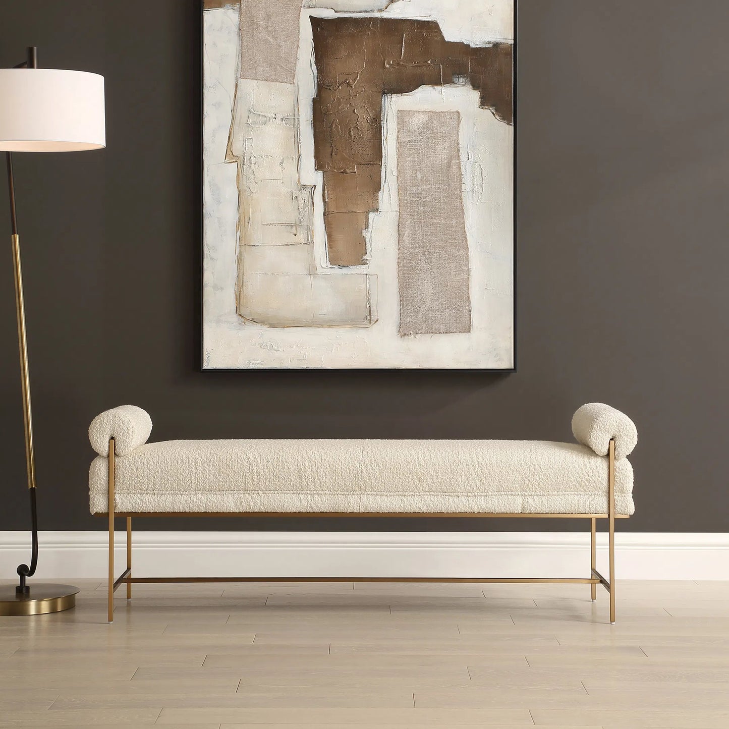 004 SI-2355239 | Lifestyle | Bolster Pearl Bench by Uttermost in brass. Made from stainless steel, plywood, fabric, foam in a unique style.