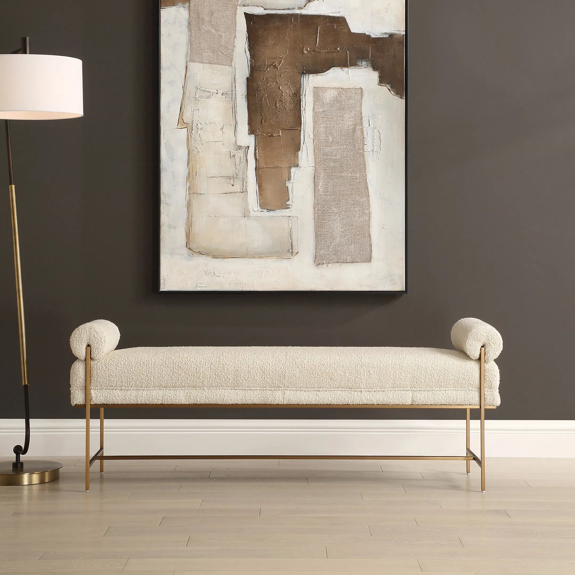 Bolster Pearl Bench by Uttermost in brass. Made from stainless steel, plywood, fabric, foam in a unique style.