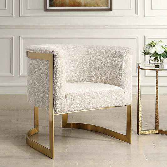 Bellina Plush Barrel Chair by Uttermost in gold. Made from stainless steel, local hardwood, plywood, fabric, foam in a unique style.