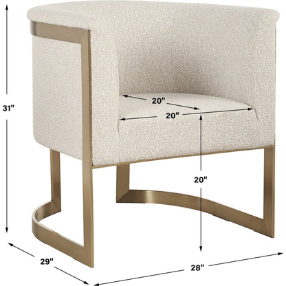 Bellina Plush Barrel Chair by Uttermost in gold. Made from stainless steel, local hardwood, plywood, fabric, foam in a transitional style.