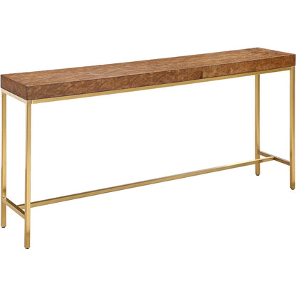 Moran Burl Console Table by Uttermost in gold. Made from stainless steel, mdf, burl veneer in a modern style.
