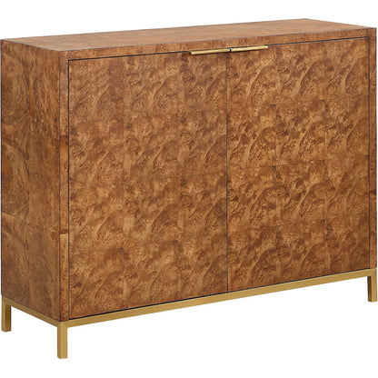 Jethro Burl 2 Door Cabinet by Uttermost in gold. Made from plywood, stainless steel, hardwar, burl veneer in a transitional style.