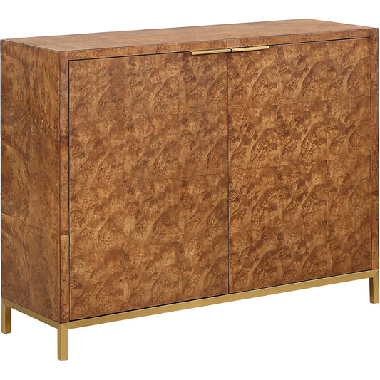 Jethro Burl 2 Door Cabinet by Uttermost in gold. Made from plywood, stainless steel, hardwar, burl veneer in a unique style.
