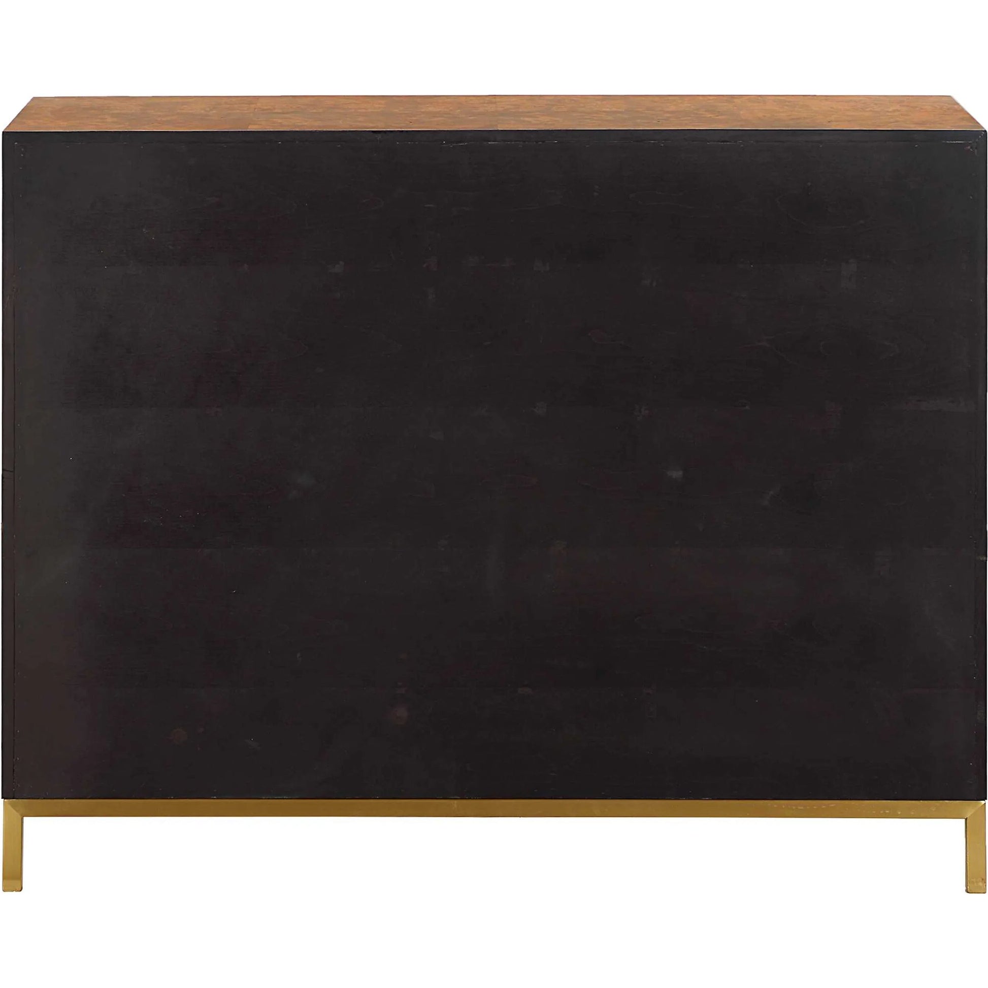 Jethro Burl 2 Door Cabinet by Uttermost in gold. Made from plywood, stainless steel, hardwar, burl veneer in a transitional style.