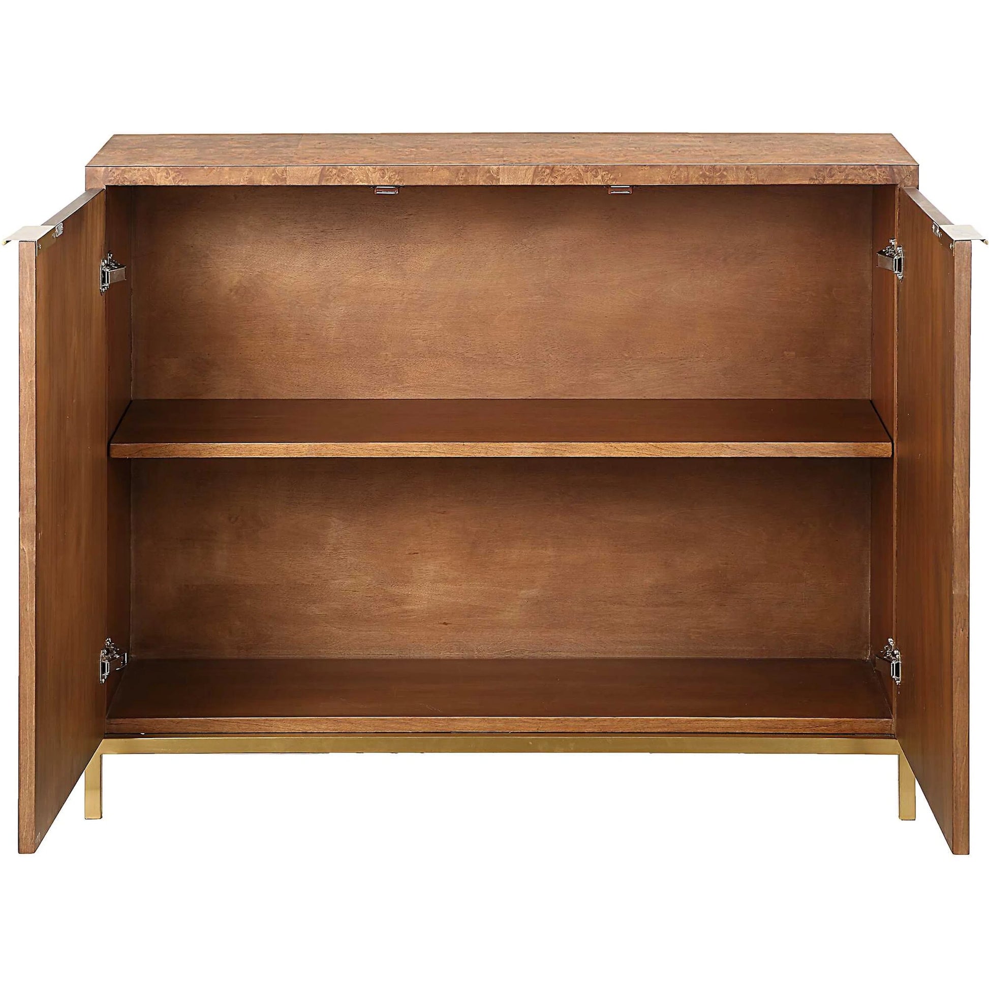 Jethro Burl 2 Door Cabinet by Uttermost in gold. Made from plywood, stainless steel, hardwar, burl veneer in a transitional style.