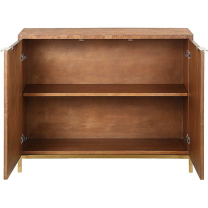 Jethro Burl 2 Door Cabinet by Uttermost in gold. Made from plywood, stainless steel, hardwar, burl veneer in a transitional style.