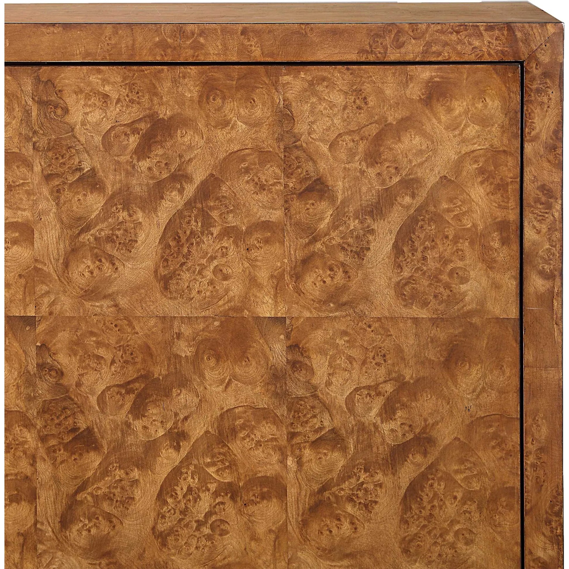 Jethro Burl 2 Door Cabinet by Uttermost in gold. Made from plywood, stainless steel, hardwar, burl veneer in a transitional style.
