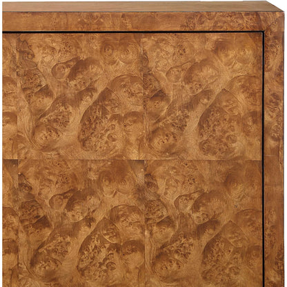 Jethro Burl 2 Door Cabinet by Uttermost in gold. Made from plywood, stainless steel, hardwar, burl veneer in a transitional style.