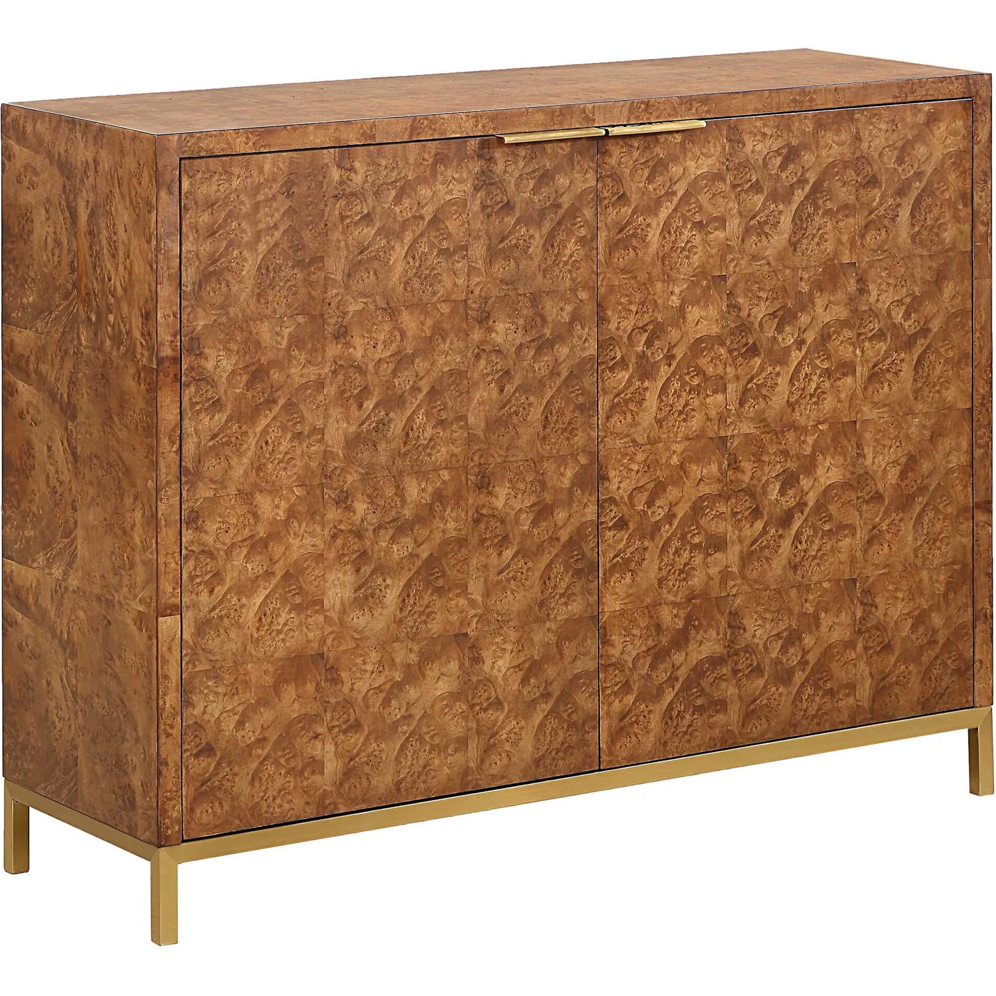 Jethro Burl 2 Door Cabinet by Uttermost in gold. Made from plywood, stainless steel, hardwar, burl veneer in a transitional style.
