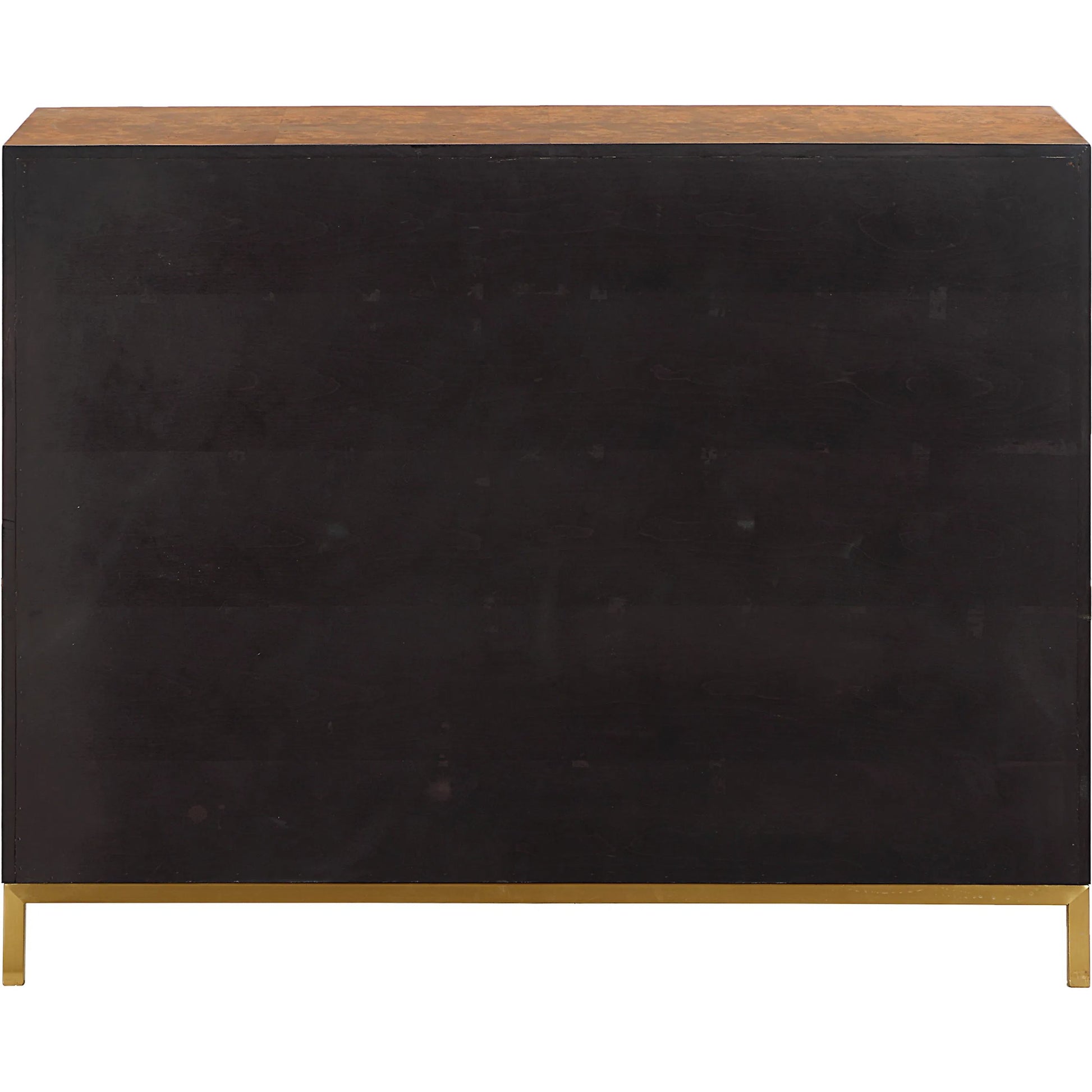 Jethro Burl 2 Door Cabinet by Uttermost in gold. Made from plywood, stainless steel, hardwar, burl veneer in a transitional style.