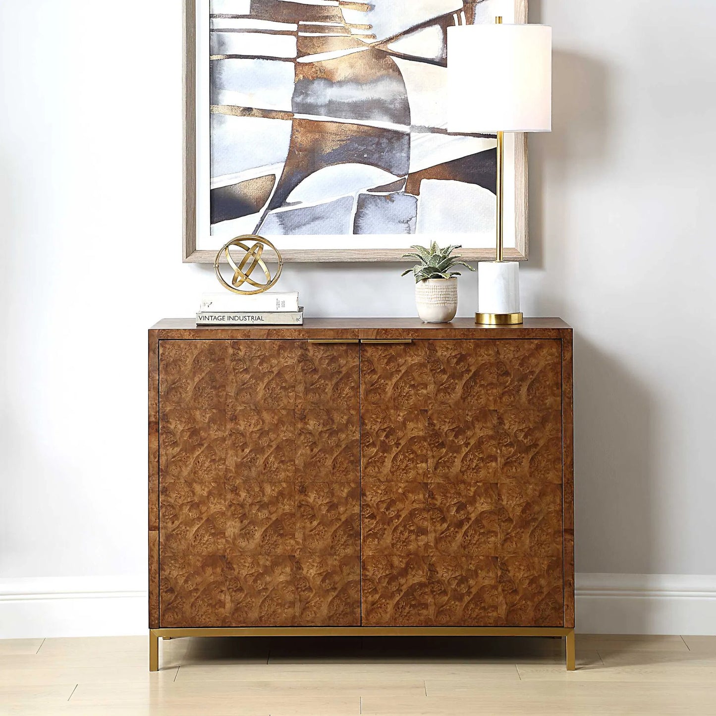 006 SI-2386754 | Lifestyle | Jethro Burl 2 Door Cabinet by Uttermost in gold. Made from plywood, stainless steel, hardwar, burl veneer in a transitional style.