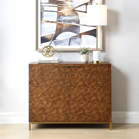 Jethro Burl 2 Door Cabinet by Uttermost in gold. Made from plywood, stainless steel, hardwar, burl veneer in a unique style.