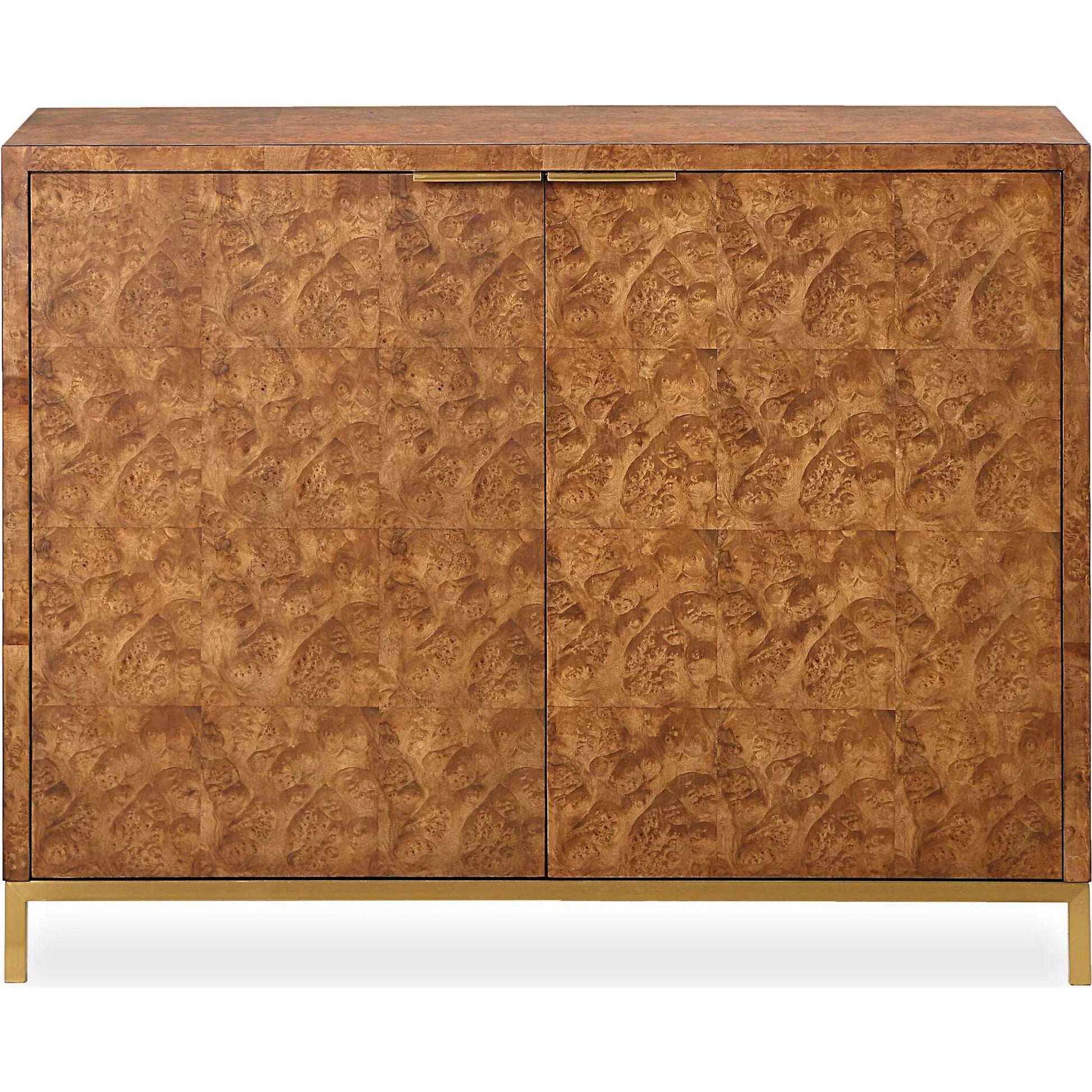 Jethro Burl 2 Door Cabinet by Uttermost in gold. Made from plywood, stainless steel, hardwar, burl veneer in a transitional style.