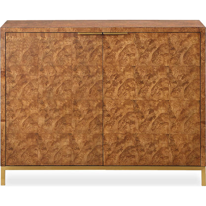 Jethro Burl 2 Door Cabinet by Uttermost in gold. Made from plywood, stainless steel, hardwar, burl veneer in a transitional style.