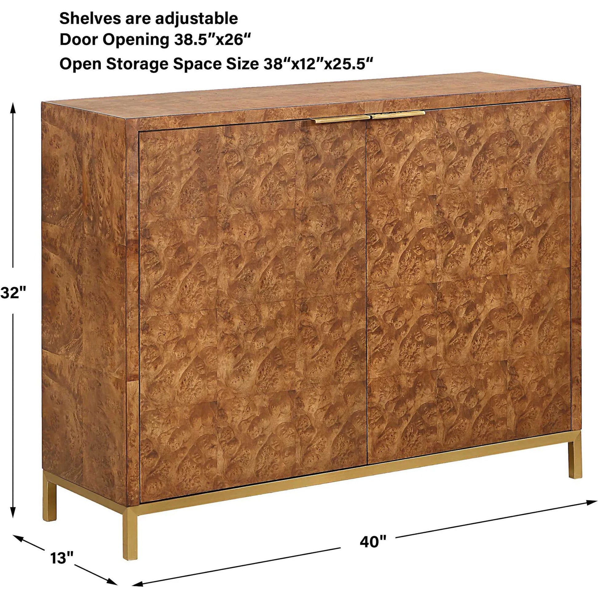 Jethro Burl 2 Door Cabinet by Uttermost in gold. Made from plywood, stainless steel, hardwar, burl veneer in a transitional style.