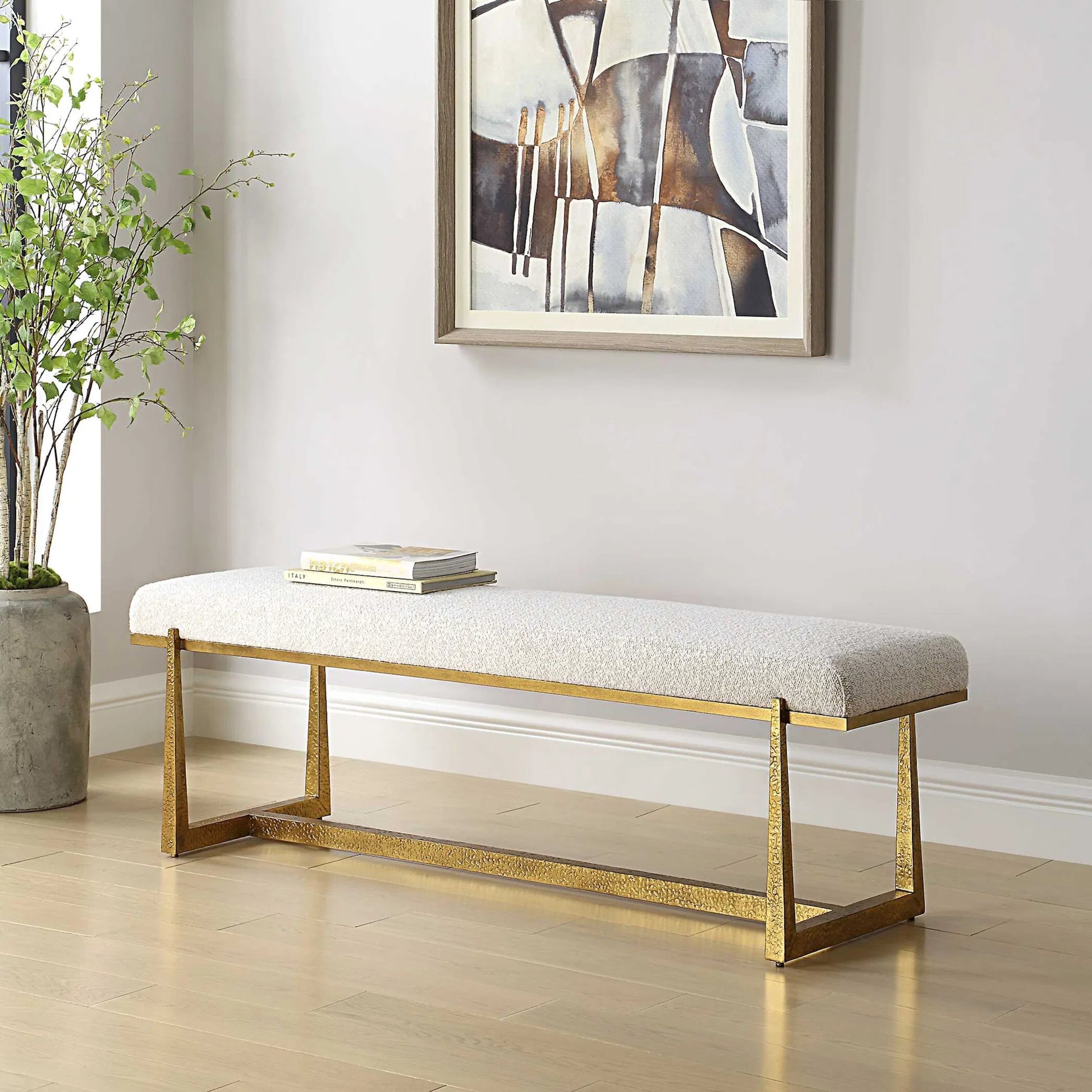 Midas Bench by Uttermost in gold. Made from metal, mdf, foam in a unique style.