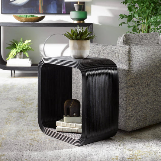 Compton Rattan Side Table by Uttermost in black. Made from rattan core, mahogani wood in a modern style.