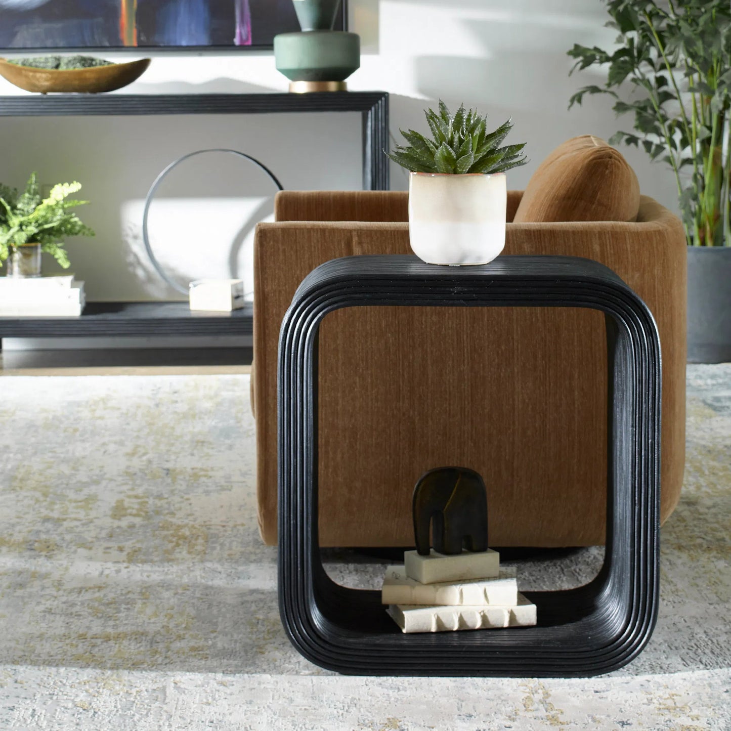 003 SI-2295348 | Closeup | Compton Rattan Side Table by Uttermost in black. Made from rattan core, mahogani wood in a modern style.