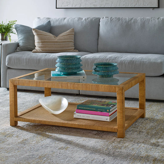 Kensing Natural Coffee Table by Uttermost in natural. Made from manggo wood with rattan core in a unique style.
