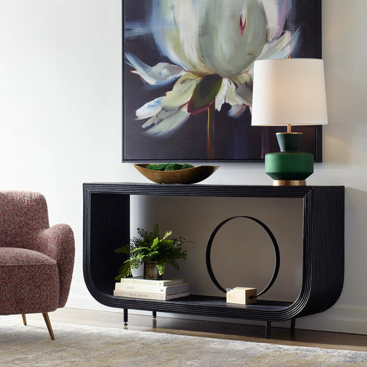 Compton Console Table by Uttermost in black. Made from rattan core, mahogani wood in a unique style.