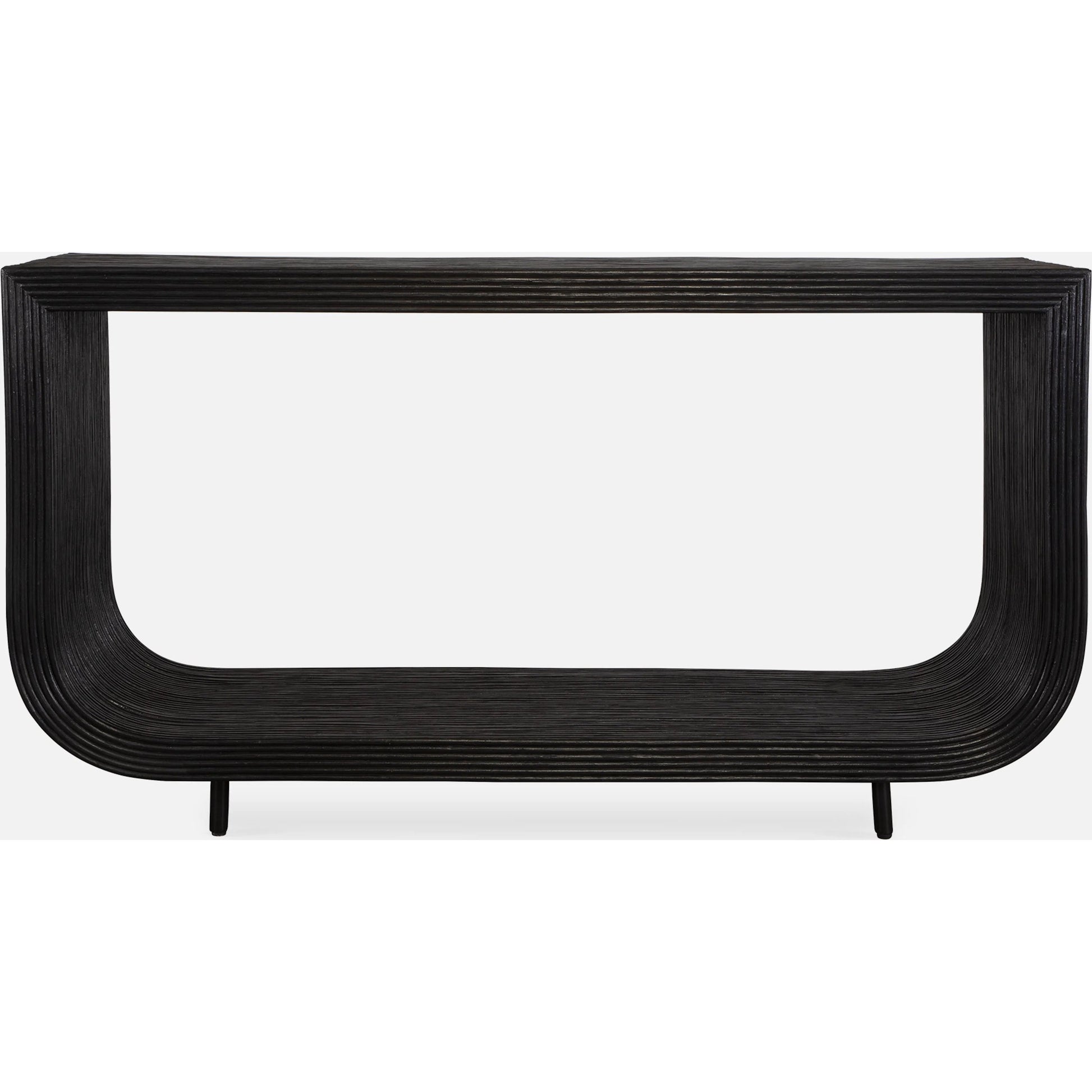 Compton Console Table by Uttermost in black. Made from rattan core, mahogani wood in a modern style.
