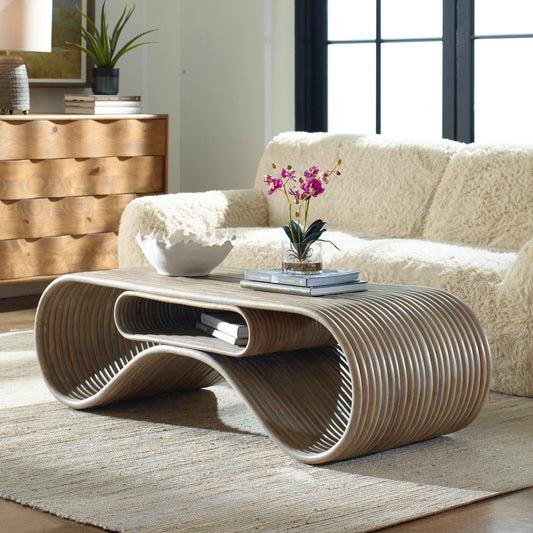 Montrose Rattan Coffee Table by Uttermost in white. Made from ratan pole in a unique style.