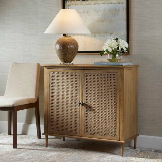Coast 2 Door Rattan Cabinet by Uttermost in oak. Made from mdf oak veneer, oak wood in a traditional style.
