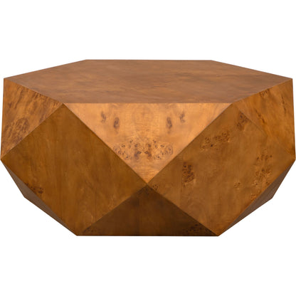 Hughes Geometric Coffee Table by Uttermost in caramel. Made from mdf veneer mappa burl with java wood in a unique style.