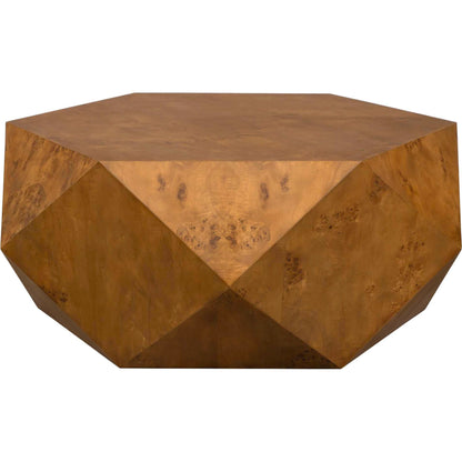 Hughes Geometric Coffee Table by Uttermost in caramel. Made from mdf veneer mappa burl with java wood in a transitional style.