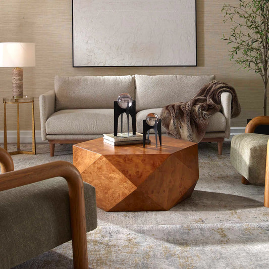 Hughes Geometric Coffee Table by Uttermost in caramel. Made from mdf veneer mappa burl with java wood in a unique style.
