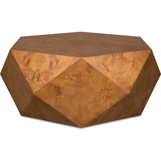 Hughes Geometric Coffee Table by Uttermost in caramel. Made from mdf veneer mappa burl with java wood in a unique style.