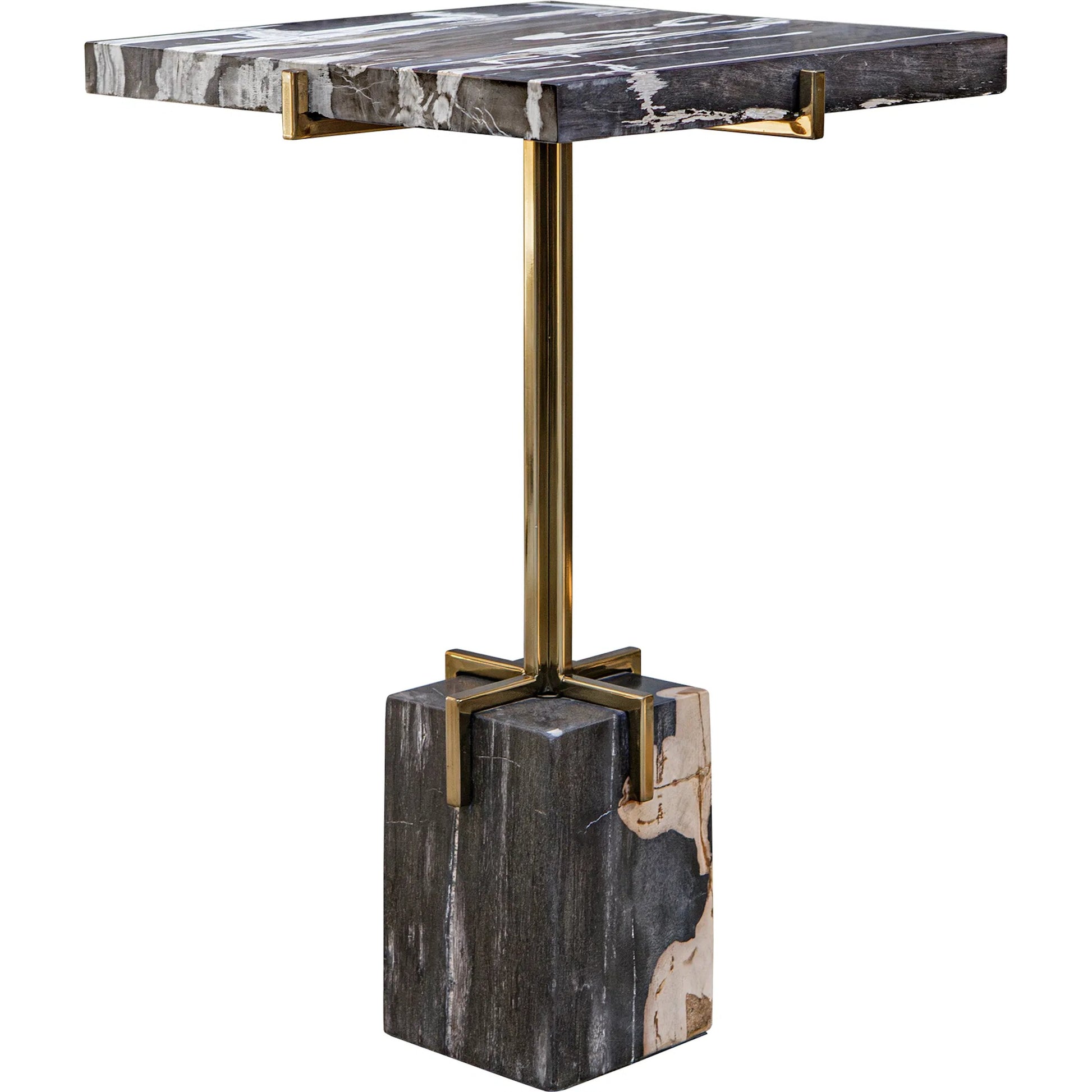 Rowman Petrified Accent Table by Uttermost in gold. Made from patrified wood with stainless steel in a modern style.