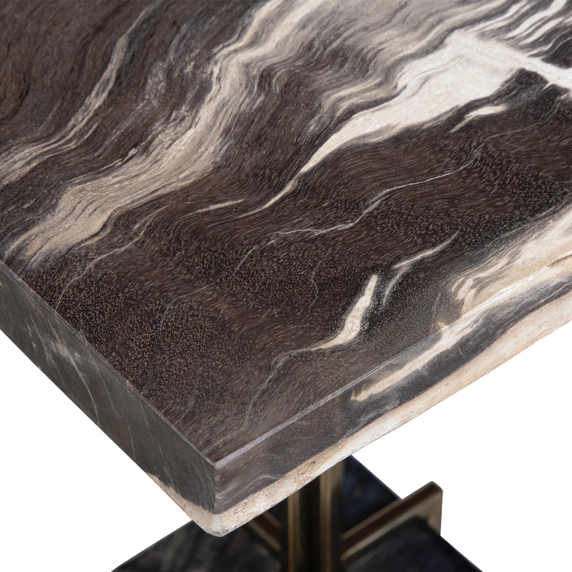 Rowman Petrified Accent Table by Uttermost in gold. Made from patrified wood with stainless steel in a modern style.