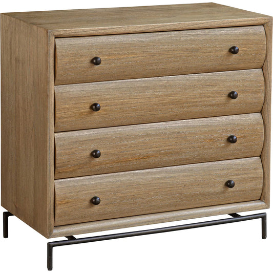 Millard Curved 4 Drawer Chest by Uttermost in warm natural, bronze. Made from mindi wood, mindi veneer in a unique style.