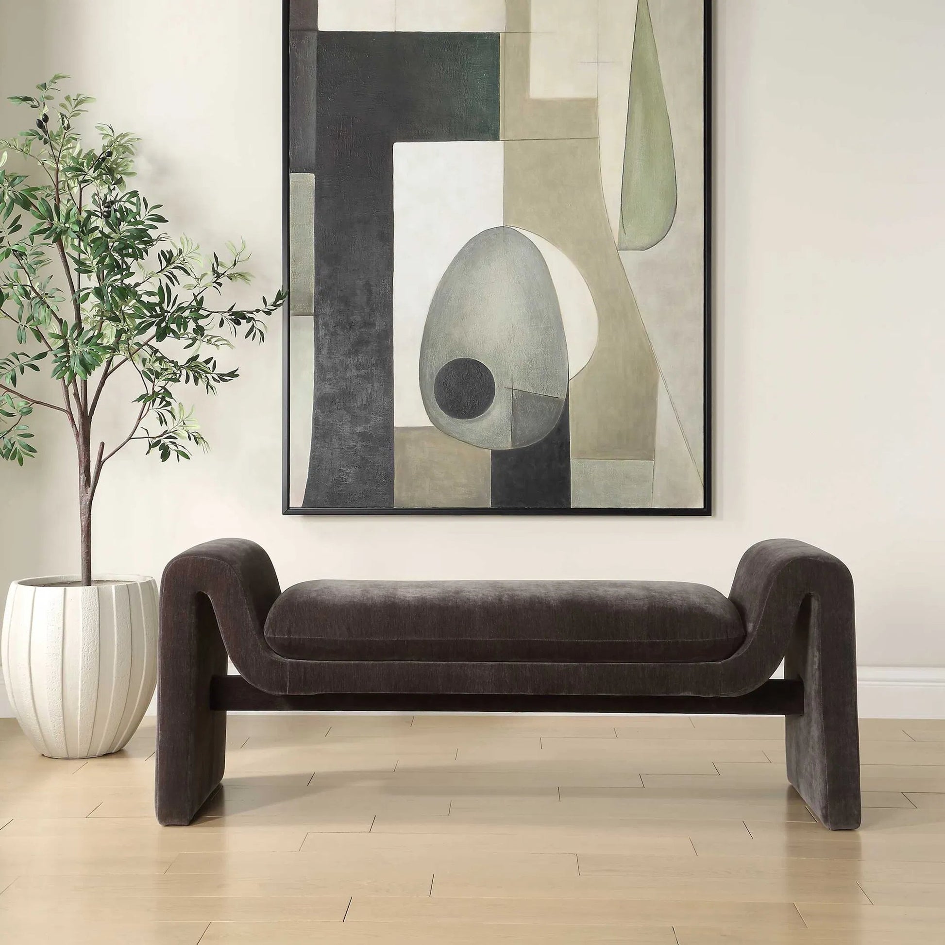 Manson Modern Bench by Uttermost in charcoal. Made from hardwood, plywood, fabric, foam in a unique style.