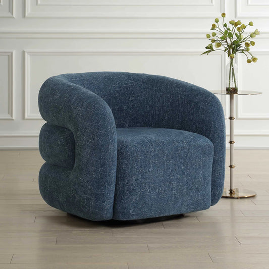Junie Swivel Barrel Chair by Uttermost in blueberry. Made from fabric, foam, plywood in a unique style.