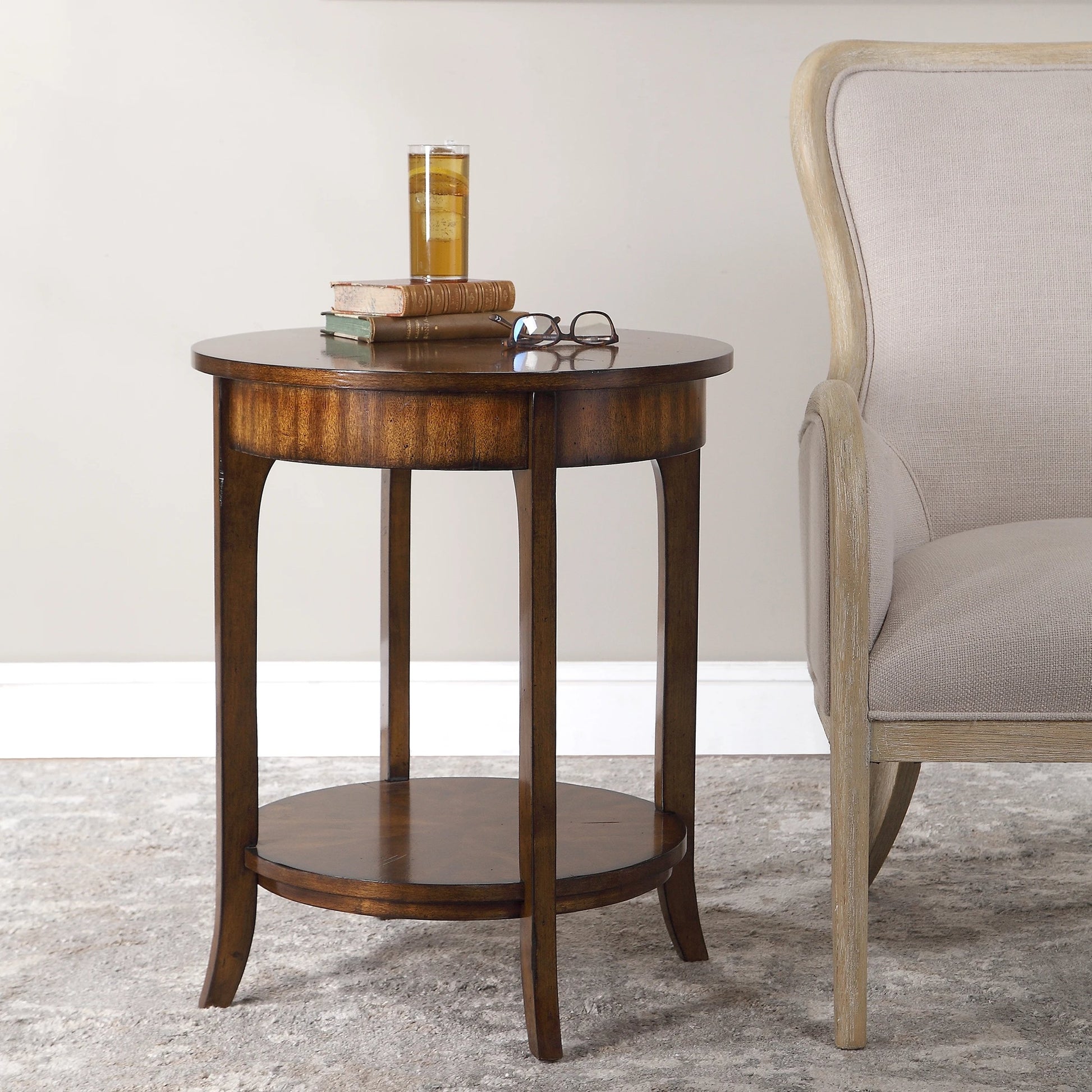 Carmel Round Lamp Table by Uttermost. Made from particle board, solid wood, veneer in a modern style.