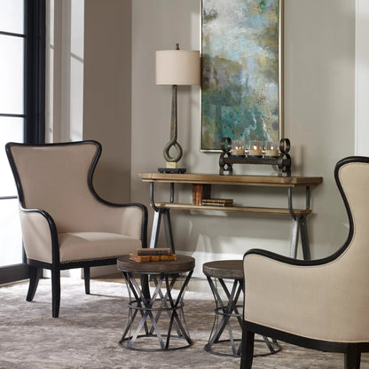Sandy Wing Back Armchair by Uttermost. Made from wood, foam, fabric in a cottage & farmhouse style.