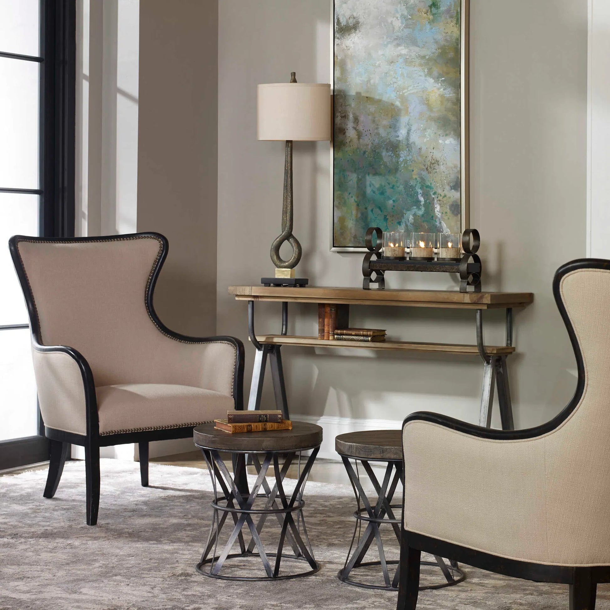 Sandy Wing Back Armchair by Uttermost. Made from wood, foam, fabric in a cottage & farmhouse style.