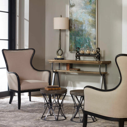 Sandy Wing Back Armchair by Uttermost. Made from wood, foam, fabric in a cottage & farmhouse style.